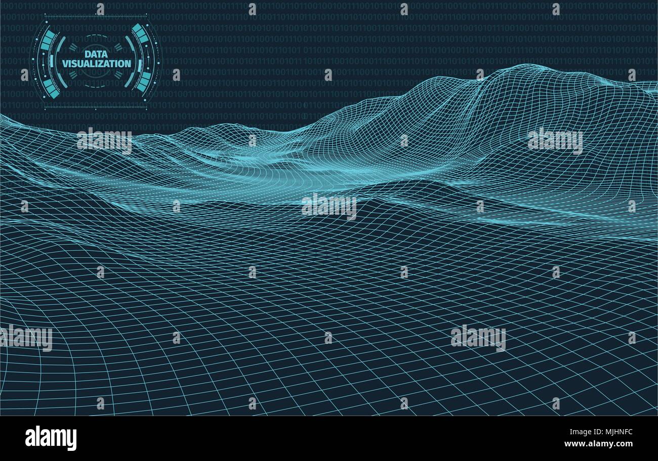 Datenvisualisierung Hintergrund. Futuristisches Design hud Element. Binärer Code, Codierung und Programmierung Konzept. Weitwinkel Drahtmodell Landschaft. Stock Vektor