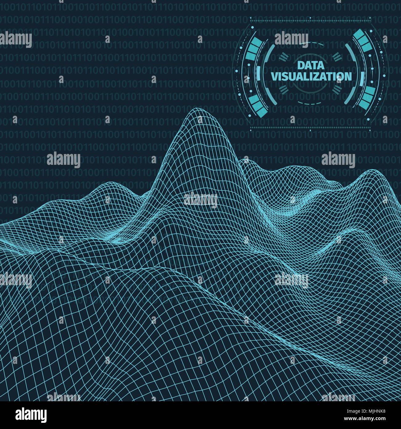 Datenvisualisierung Hintergrund. Futuristisches Design hud Element. Binärer Code, Codierung und Programmierung Konzept. Weitwinkel Drahtmodell Landschaft. Stock Vektor
