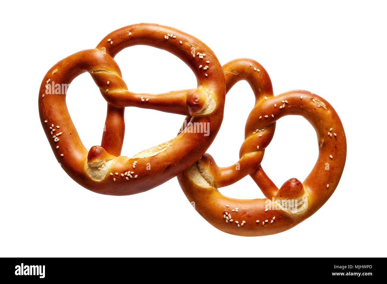 Deutsche weiche Brezel. Zwei deutsche Brot, Brezeln auf einem weißen Hintergrund. Stockfoto