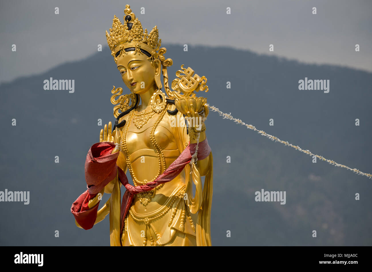 Statuen der buddhistischen Göttinnen am oberen Hügel in Kuenselphodrang Natur Park, Thimpu, Bhutan - Göttinnen Statuen in der Buddha Dordenma Website Stockfoto