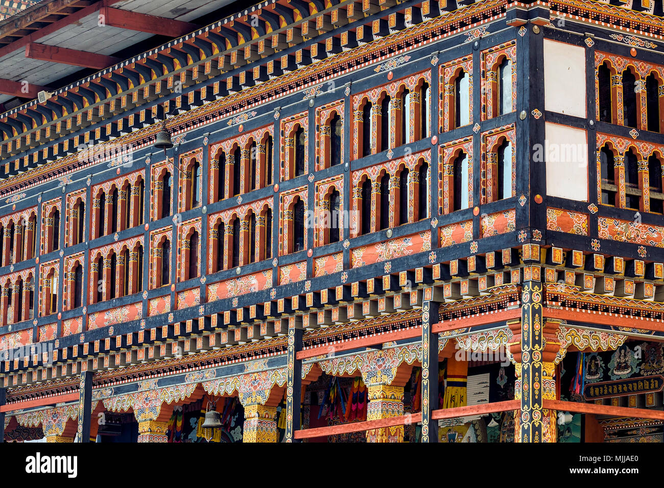 Die Architektur von Tashichho Dzong, Thimpu, Bhutan - die respektvolle Dzong in Thimphu Stockfoto