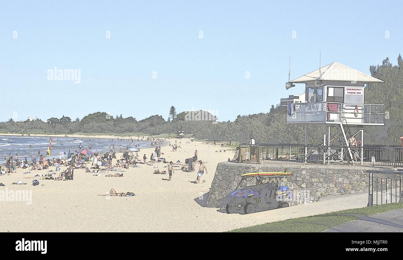 Massen von Menschen genießen Sie einen wunderschönen Mooloolaba Beach in Queensland, Australien Stockfoto