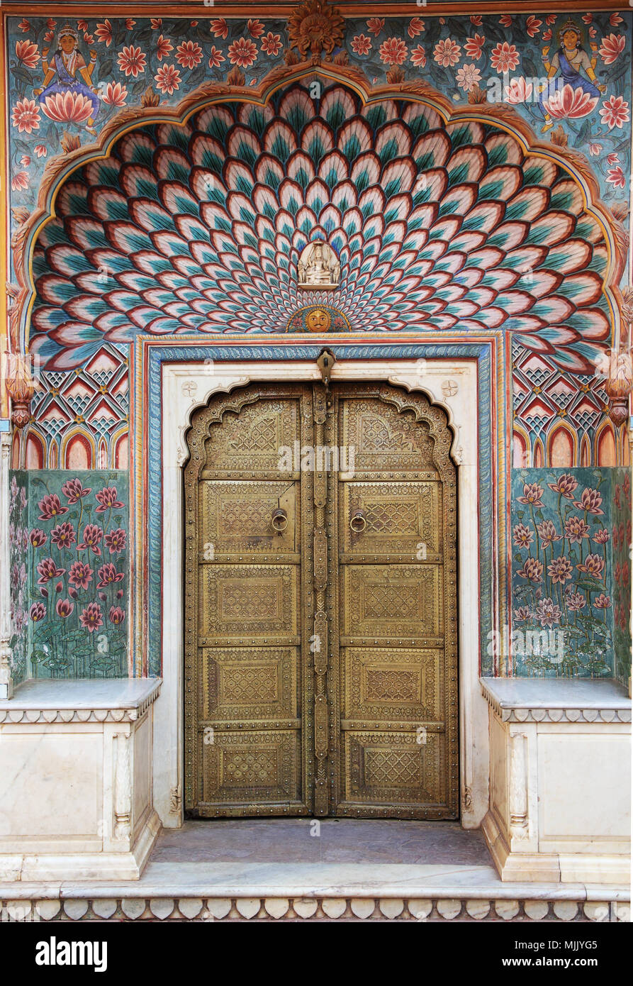 Malerei auf einer Tür in thr Stadt Palast in Jaipur, Indien Stockfoto