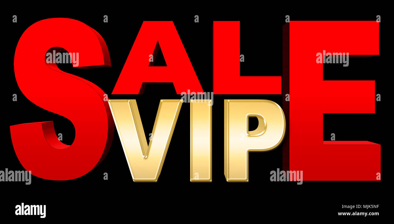 Stock Illustration - Große Rote Text: Verkauf, Golden Text: VIP, 3D Illustratie, gegen den schwarzen Hintergrund. Stockfoto