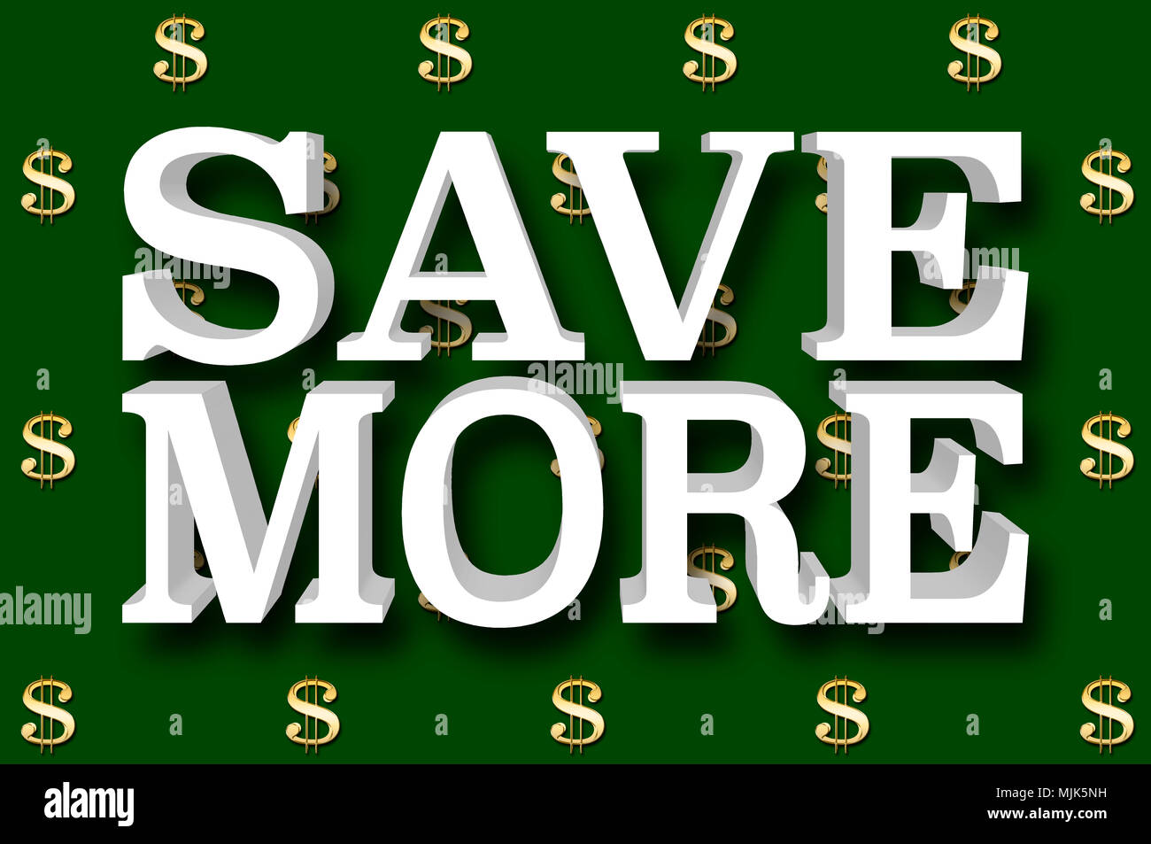 Stock Illustration - Große metallische Text: Sparen Sie mehr, 3D-Illustration, kleine Golden Dollar Währung Zeichen in das Geld grünen Hintergrund. Stockfoto