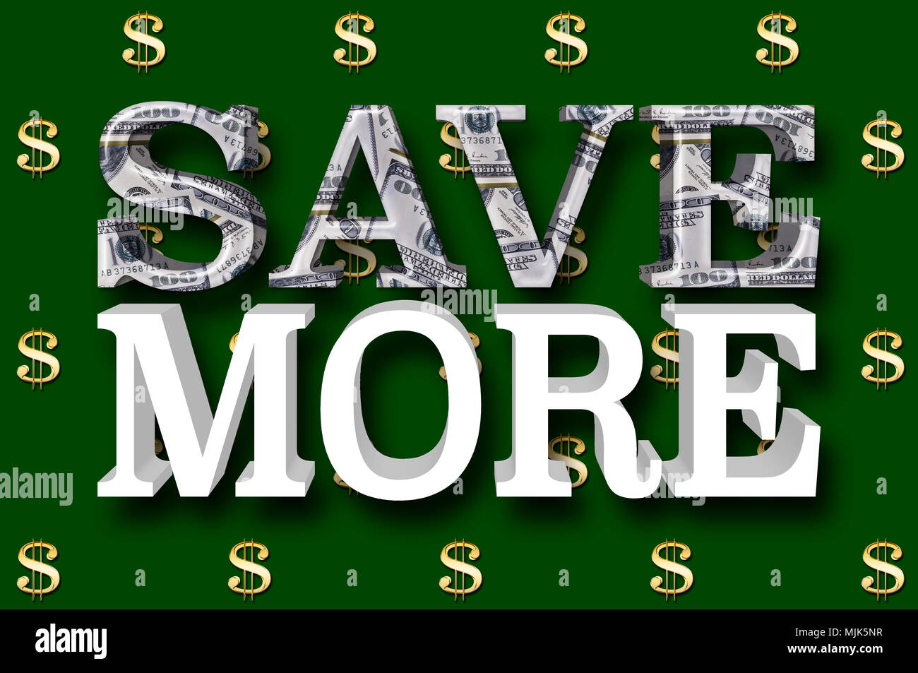 Stock Illustration - Große metallische Text: Sparen Sie mehr, 3D-Illustration, kleine Golden Dollar Währung Zeichen in das Geld grünen Hintergrund. Stockfoto