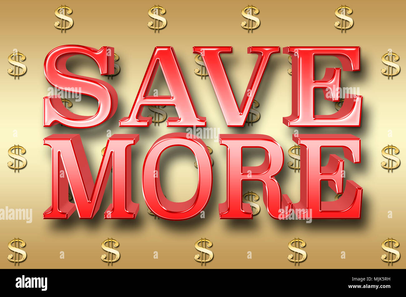 Stock Illustration - Große metallische Text: Sparen Sie mehr, 3D-Illustration, kleine Golden Dollar Währung Zeichen in der goldenen Hintergrund. Stockfoto