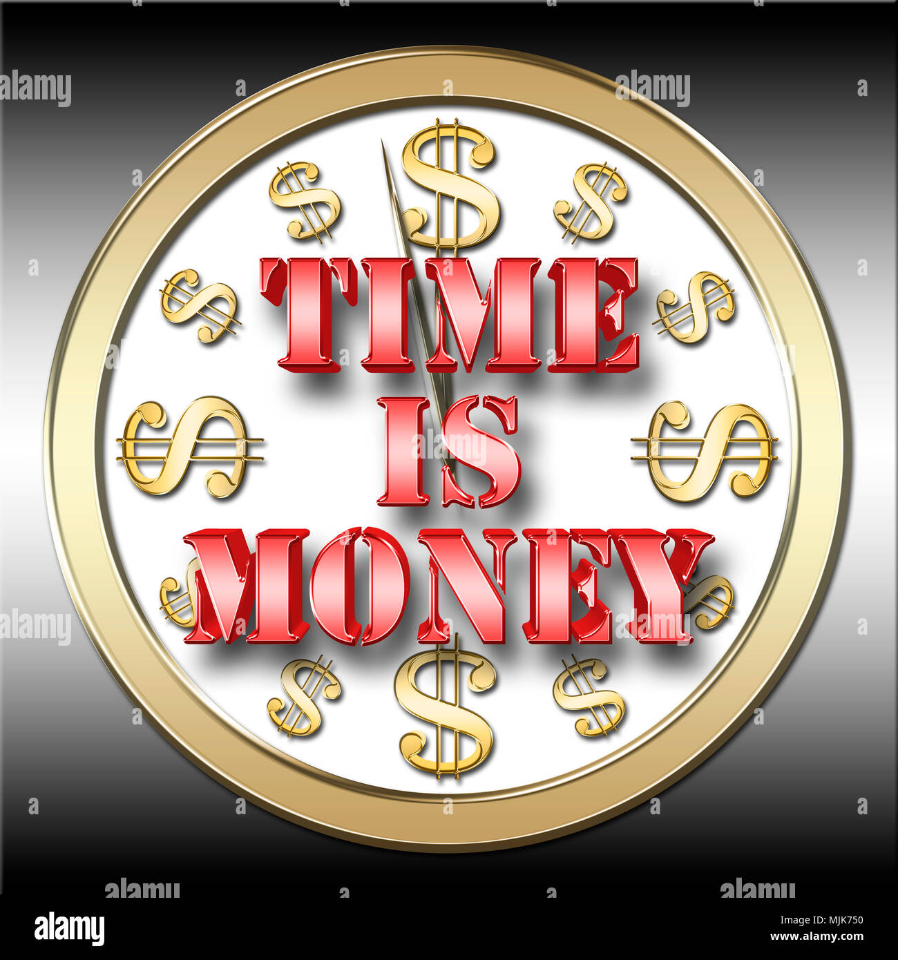 Stock Illustration - Metallisch glänzenden roten Text: ZEIT IST GELD, 3D-Illustration, isoliert gegen die Steigung Hintergrund. Stockfoto