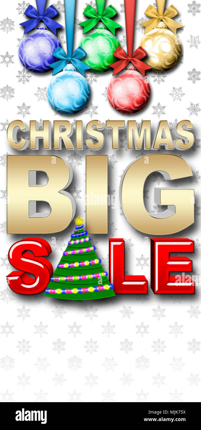 Stock Illustration - Goldene Weihnachten große, rote Verkauf, fetter Text, isoliert gegen den weißen Hintergrund, weiße Schneeflocken im Hintergrund, 3D-Darstellung Stockfoto