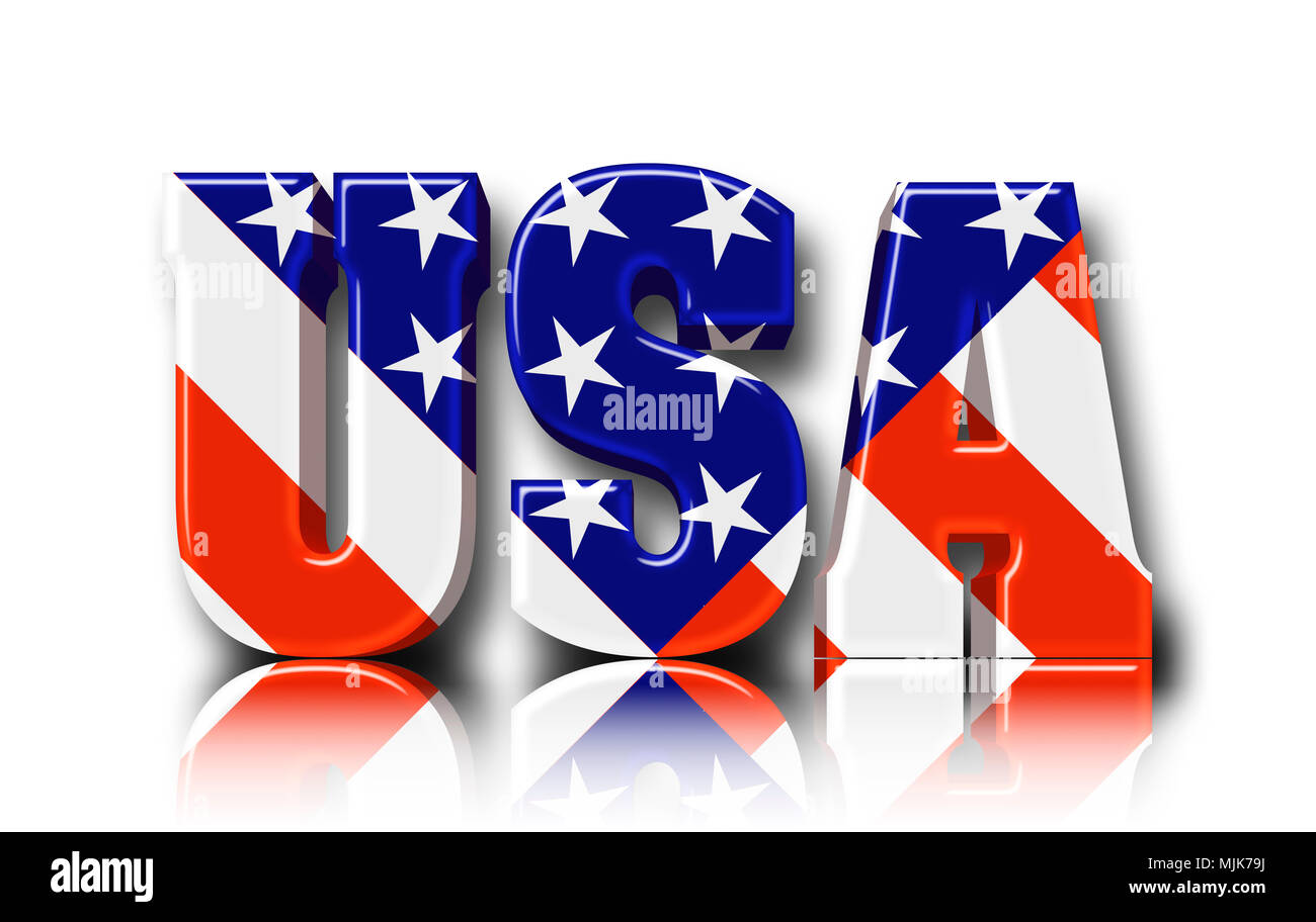 Stock Illustration - Helle Text: USA, Zeichen in den Vereinigten Flaggenstaaten, 3D-Illustration gewickelt, vor dem weißen Hintergrund. Stockfoto