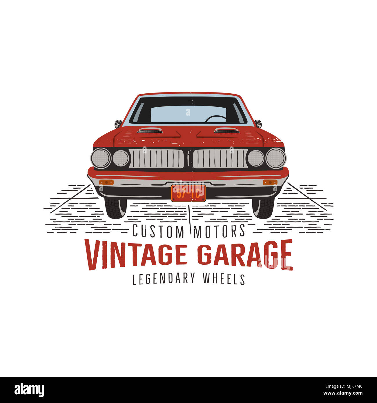 Jahrgang Hand gezeichnet Muscle Car. Retro red amerikanische Symbol auto Design. USA klassisches Automobil Emblem auf weißem Hintergrund. Lager Stockfoto