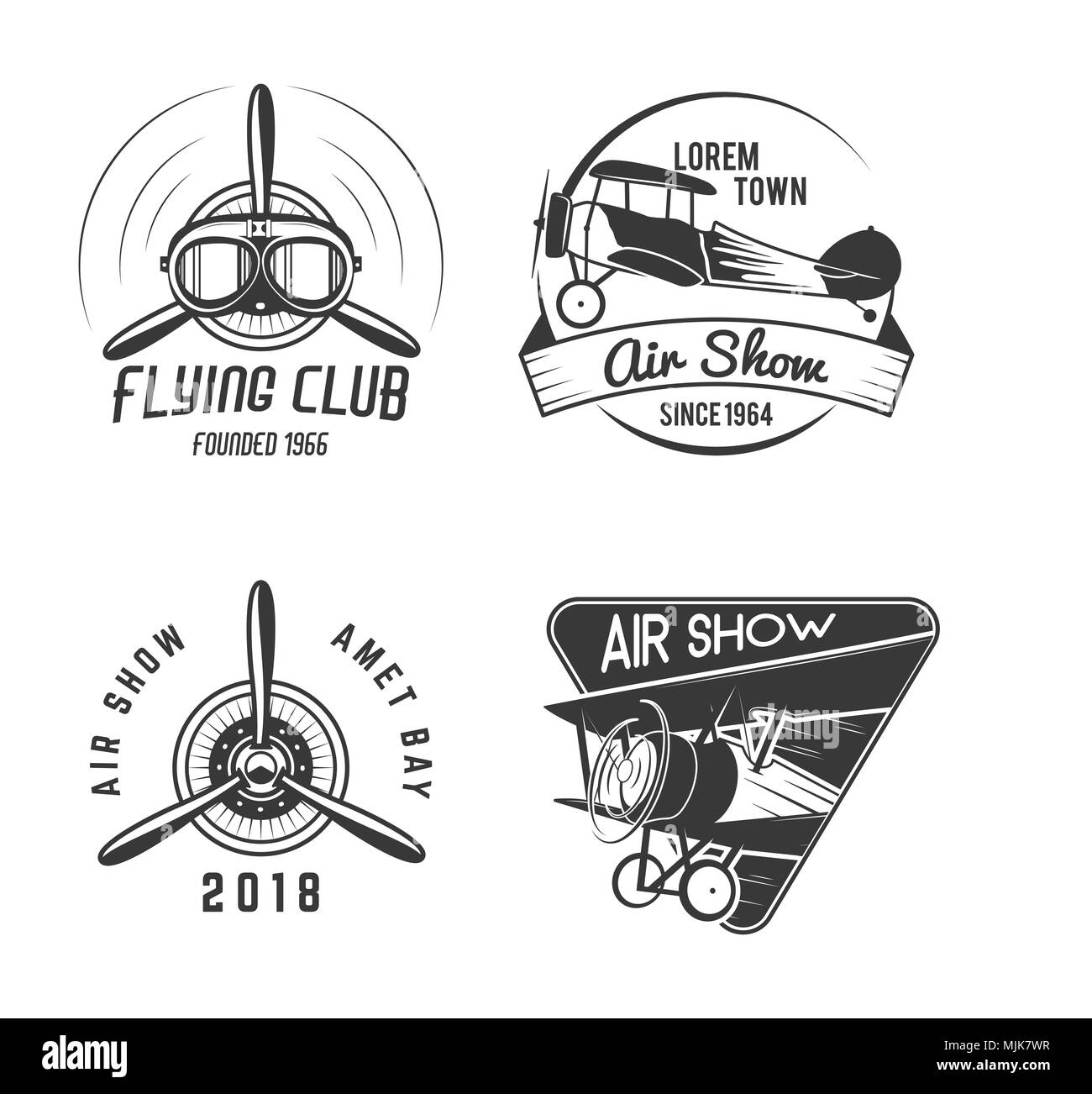 Jahrgang Hand gezeichnet Alte fliegen Briefmarken. Reisen oder Business Flugzeug tour Embleme. Doppeldecker Akademie Etiketten. Retro Antenne Abzeichen isoliert. Pilot School Logos. Ebene t-Design, Drucke. Lager Stockfoto