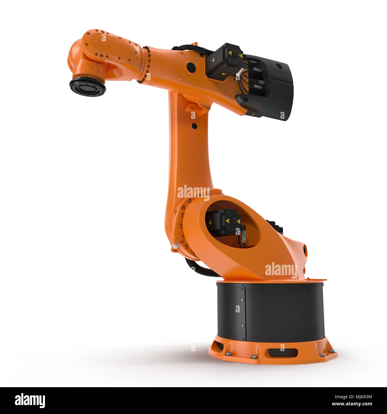Industrielle Roboterarm auf Weiß isoliert. 3D-Illustration, Freistellungspfad Stockfoto