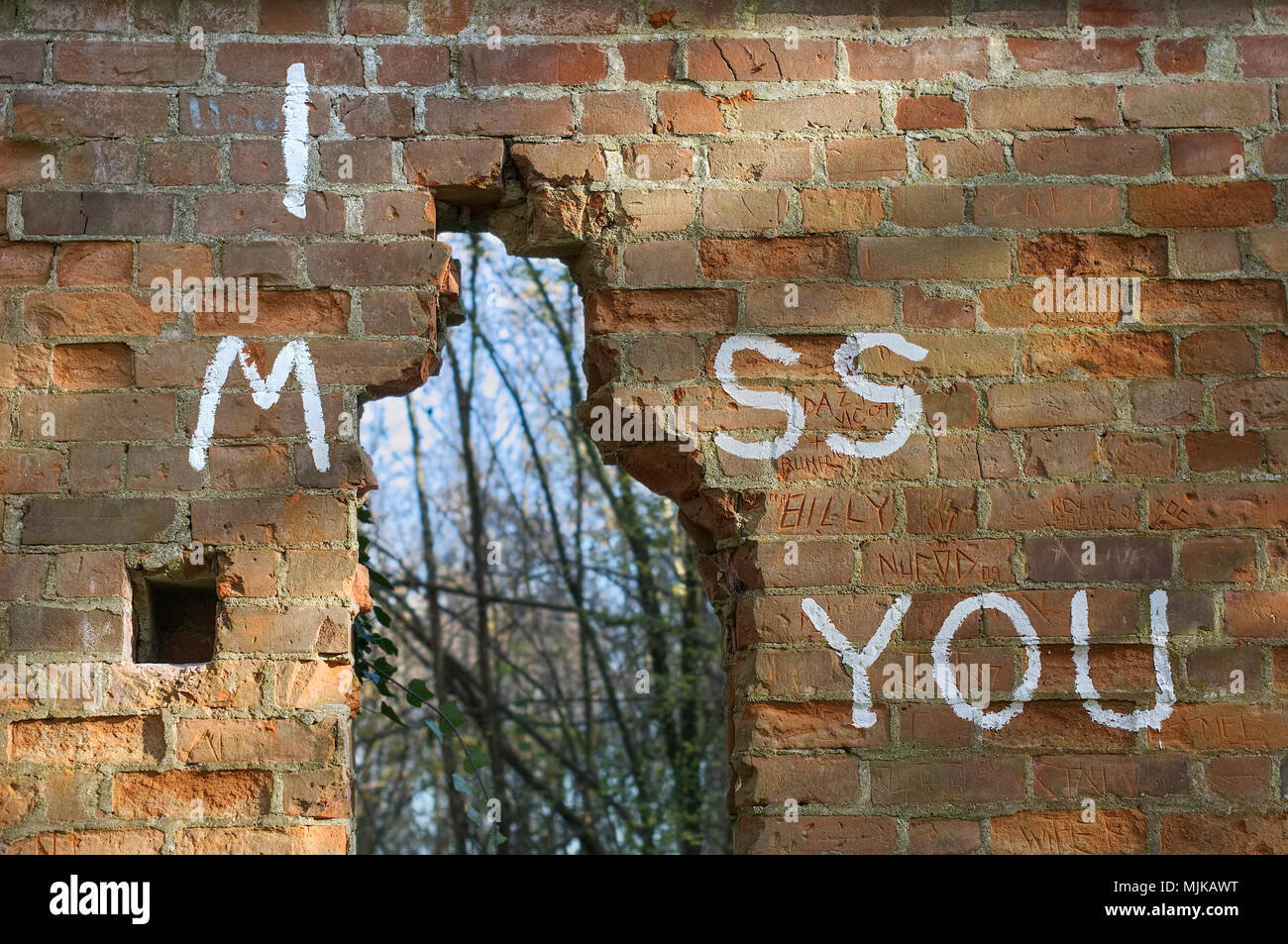 Person geformtes Loch in einer alten Mauer mit den Worten "Ich Vermisse Dich" um es gemalt. verwischt Laub im Hintergrund Stockfoto