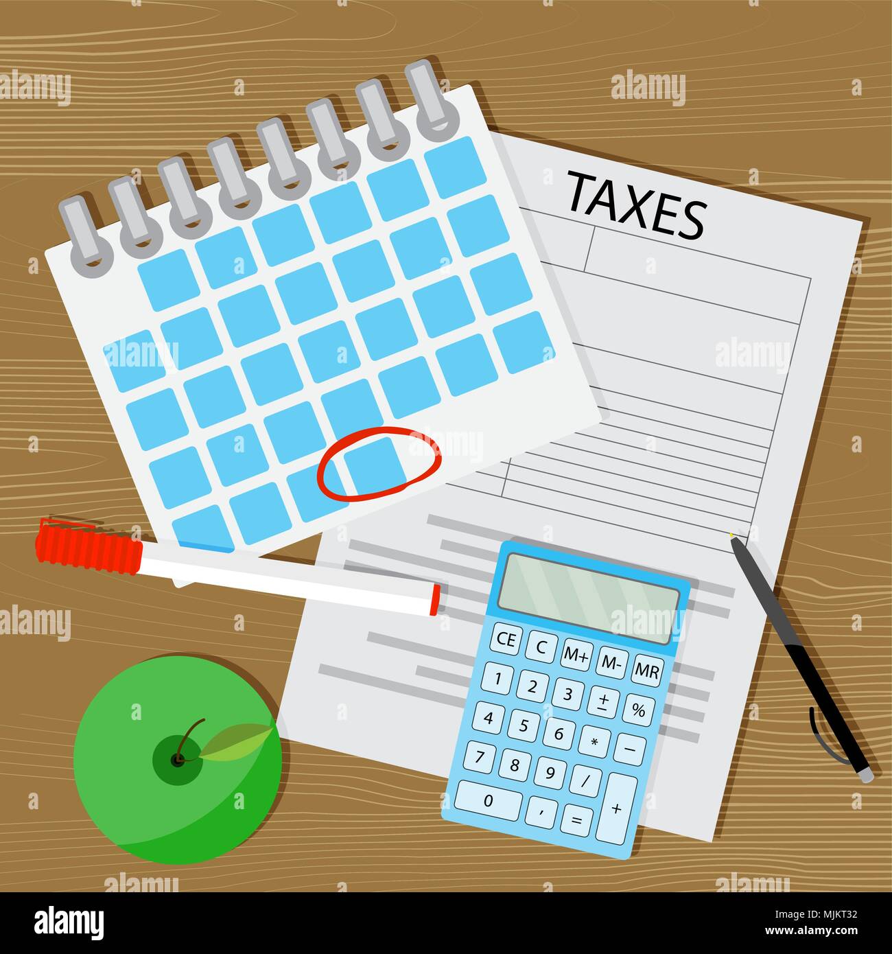 Begriff der Zahlung von Steuern. Vektor Steuererklärung, Kalender mit einer markierten Tag und einen Taschenrechner Abbildung Stock Vektor
