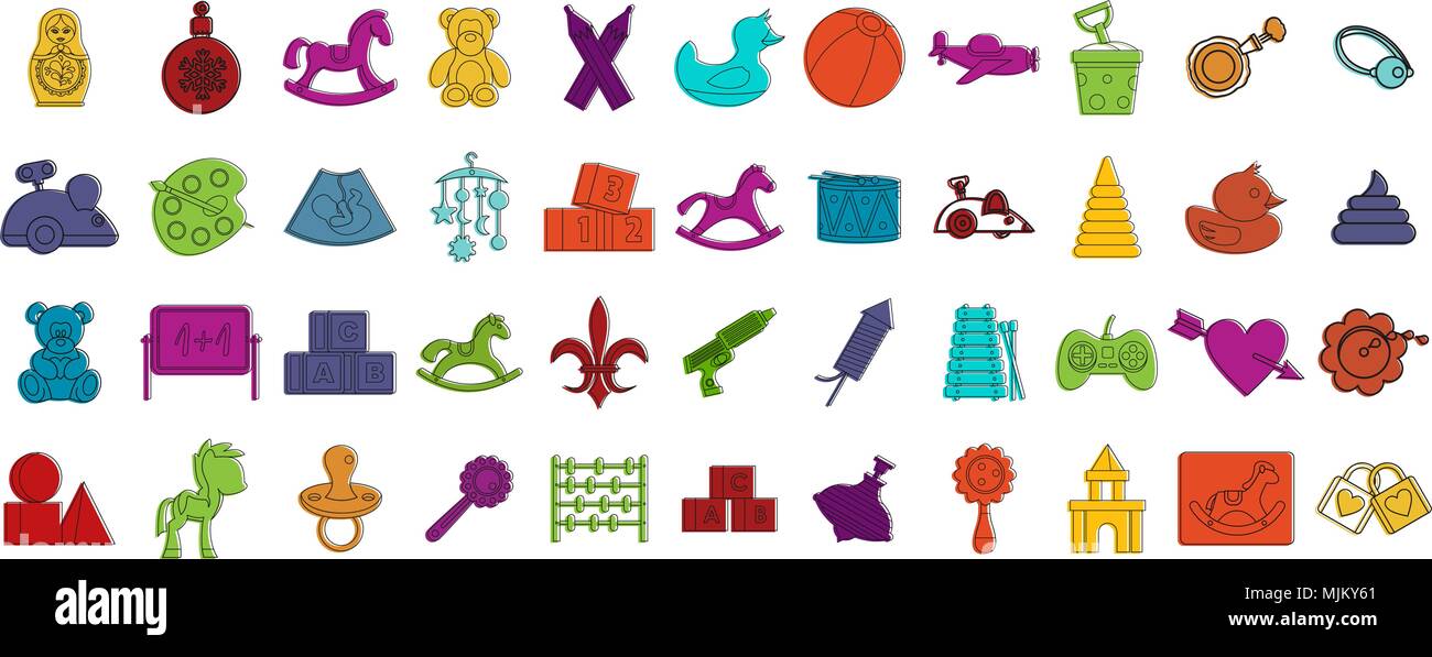 Kind Spielzeug Icon Set. Farbe Umrisse von Kid Spielzeug Vector Icons für Web Design auf weißem Hintergrund Stock Vektor
