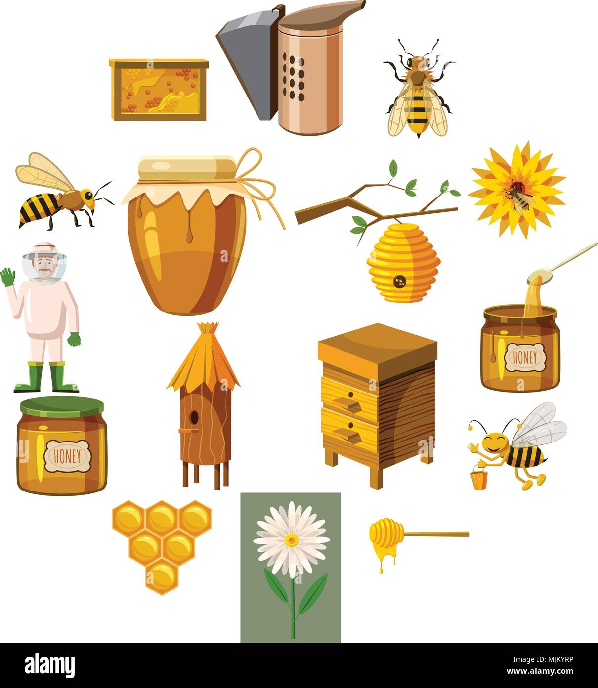 Bienenhaus Symbole Im Comic Stil Honig Und Imkerei Set Sammlung Vector Illustration Stock Vektorgrafik Alamy