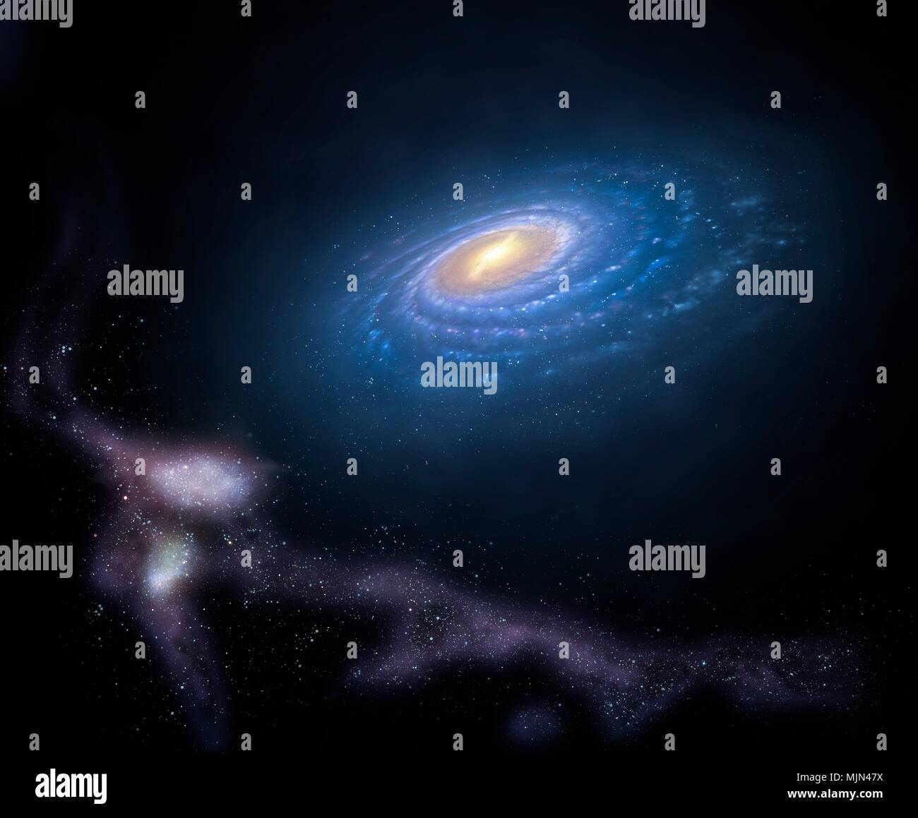 Illustration der Milchstraße so Magellanschen Strom genannt. Dies ist ein Stream von sich schnell bewegenden Gaswolken unserer Galaxie umkreist, mit den zwei kleinen Galaxien bezeichnete die Magellanschen Wolken. Da diese Galaxien umkreisen die Milchstraße, die gezeitenkräfte Sterne und Gas aus Ihnen ziehen, bilden die Multifunktionsleiste geformt. Die stream erstreckt sich über 180 Grad von Sky, das entspricht einer Länge von etwa 180.000 Lichtjahren. Stockfoto