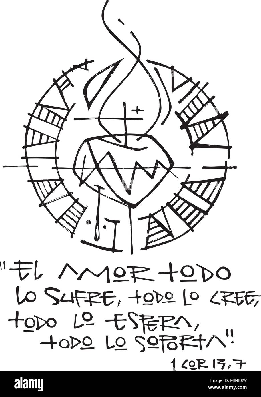 Hand gezeichnet Abbildung oder Zeichnung eines religiösen Ausdruck in Spanisch, dass bedeutet: Liebe alle, glaubt, daß alle leidet, wartet, steht für alle Stock Vektor