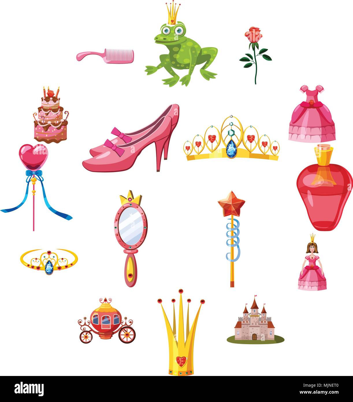Märchen Prinzessin Puppe Icons Set, Cartoon-Stil Stock Vektor