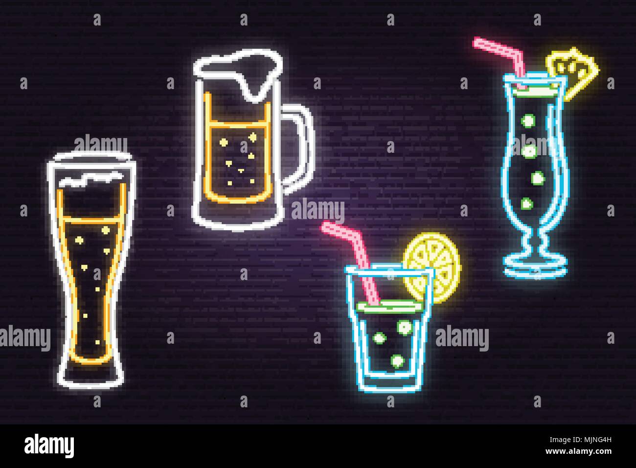 Satz von Neon Bier und Cocktail Zeichen auf Stein Wand Hintergrund. Vector Illustration. Design für eine Bar, ein Pub und ein Restaurant. Stock Vektor