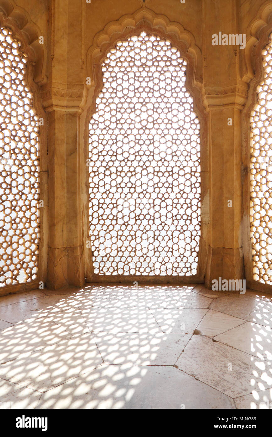 Architektur Details in Amber Fort, Rajasthan, Indien. Stockfoto