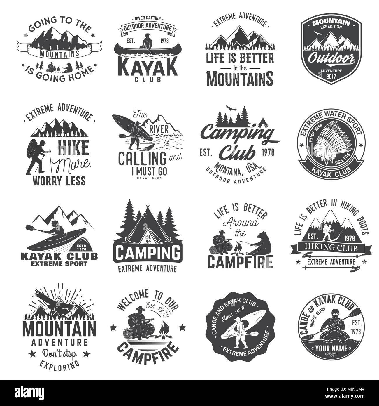 Satz von Kanu, Kajak, Wandern und Camping Club Abzeichen. Vector Illustration. Konzept für T-Shirt, Druck, Stempel oder T-Stück. Vintage Typografie Design mit mounta Stock Vektor