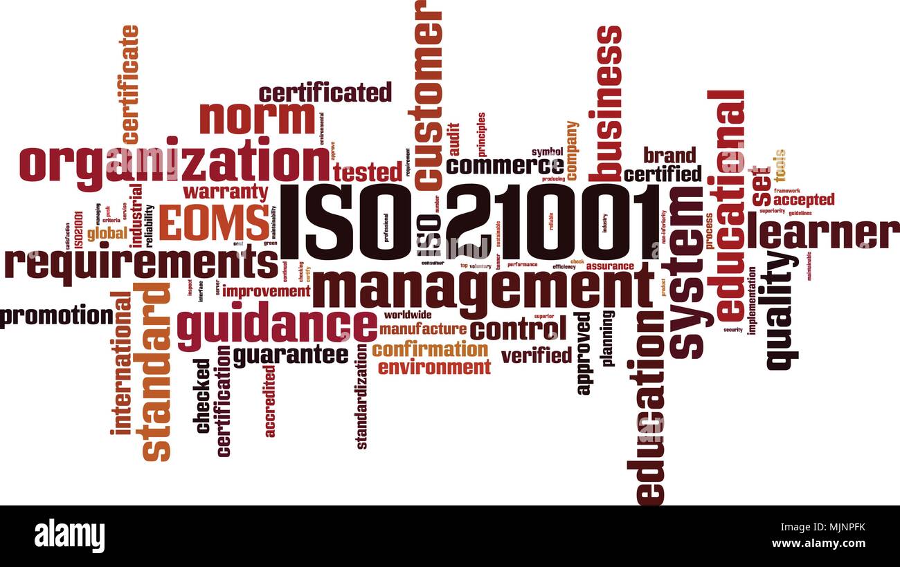 ISO 21001 Word cloud Konzept. Vector Illustration Stock Vektor