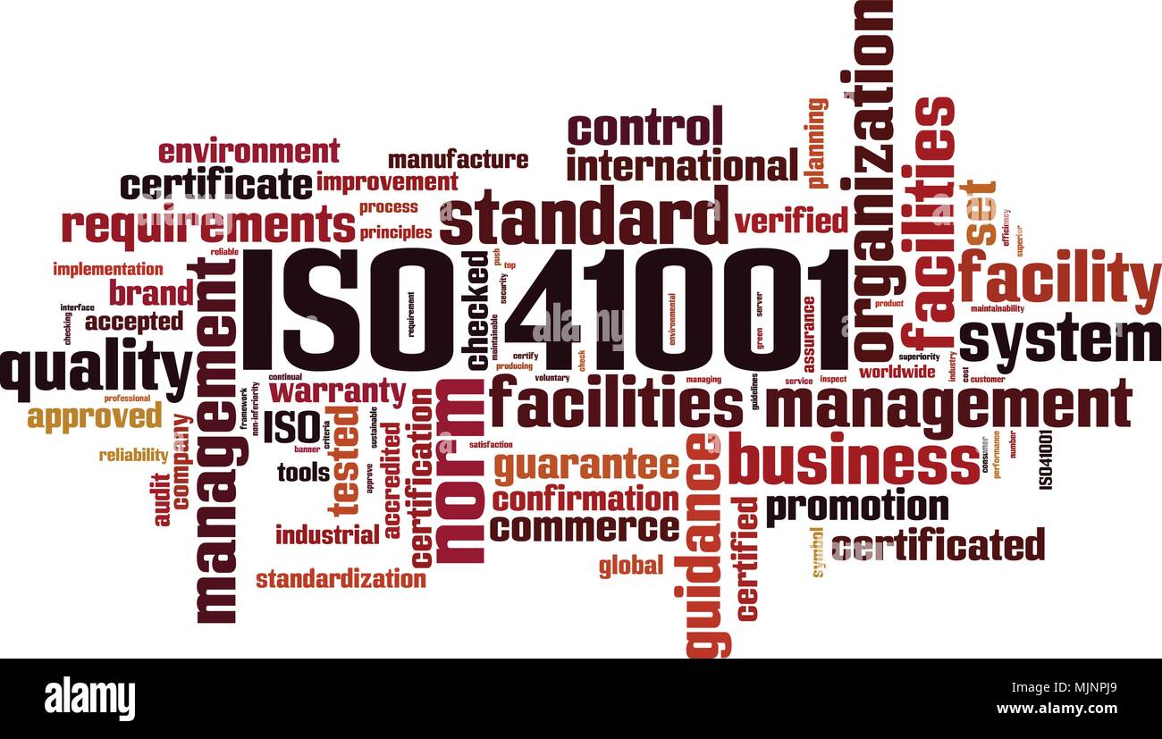 ISO 41001 Word cloud Konzept. Vector Illustration Stock Vektor