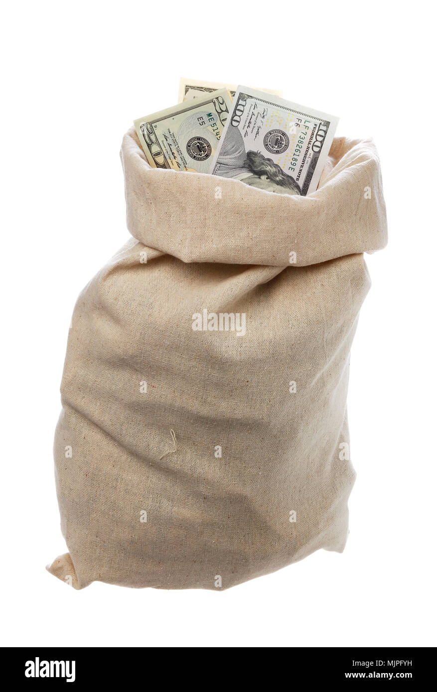 Eine jute Sack mit US-Dollar gefüllten isoliert auf Weiss. Stockfoto