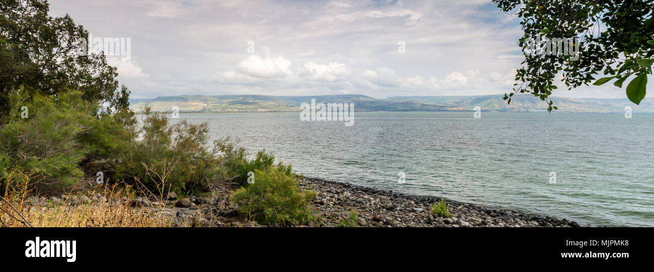 Blick auf den See von Galiläa, See von Tiberias, vom Garten in die griechisch-orthodoxe Kirche der Zwölf Apostel in Kapernaum, Israel Stockfoto