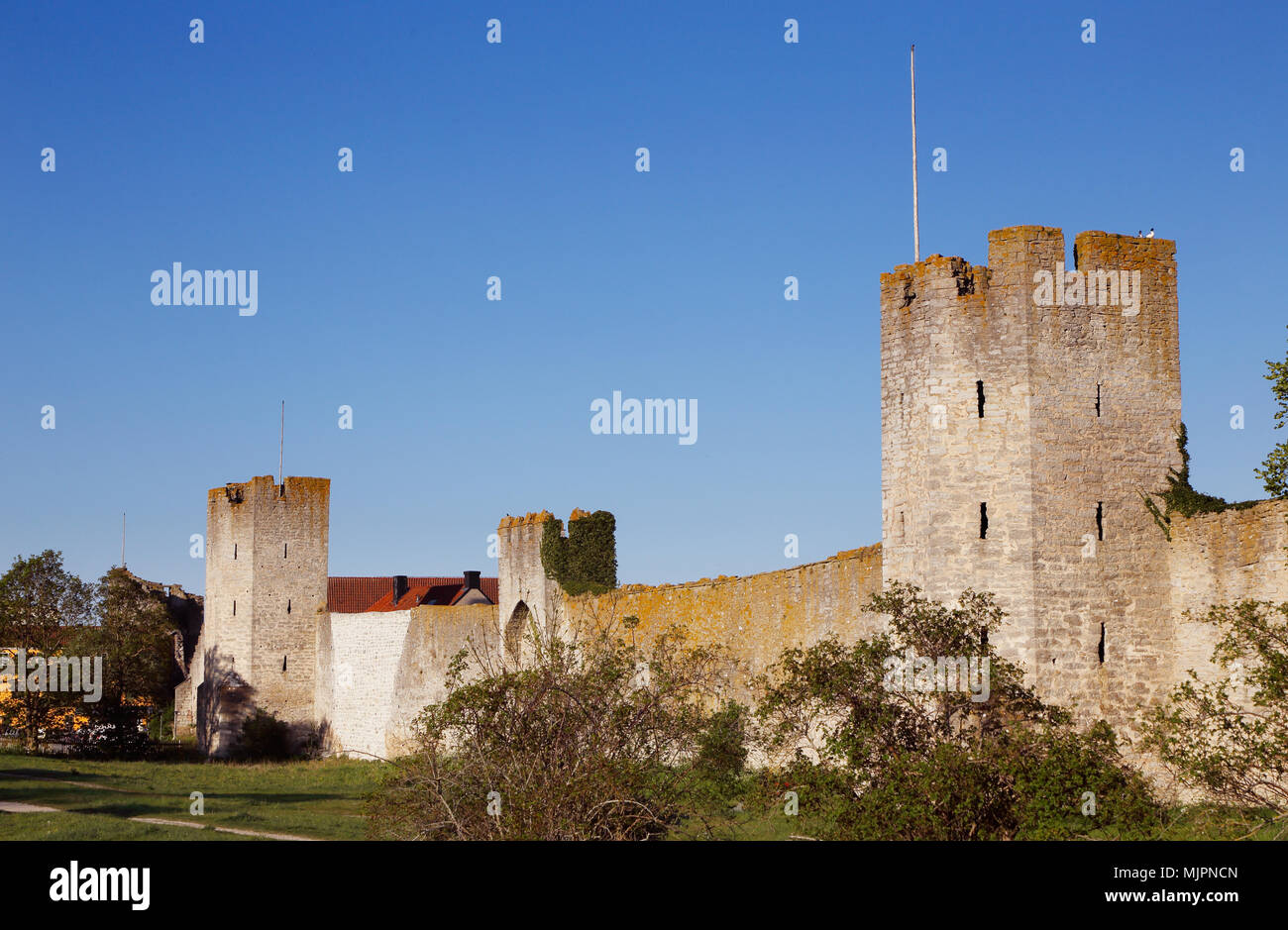 Die alte Stadtmauer mit Visby torns in der schwedischen Provinz Gotland. Stockfoto