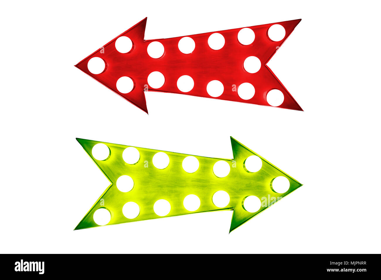 Vor- und Nachteile: linke rote und grüne rechts Vintage Retro Pfeile mit Glühlampen beleuchtet. Konzept Bild für die Vor- und Nachteile, für und ag Stockfoto