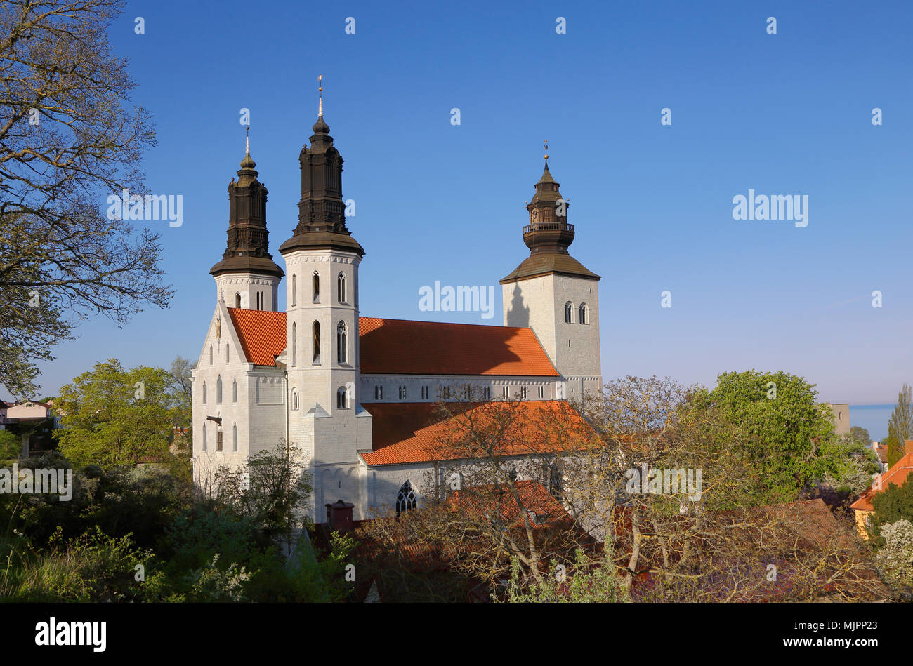 Fassade der Kathedrale aus dem Mittelalter in Visby auf der schwedischen Insel Gotland. Stockfoto