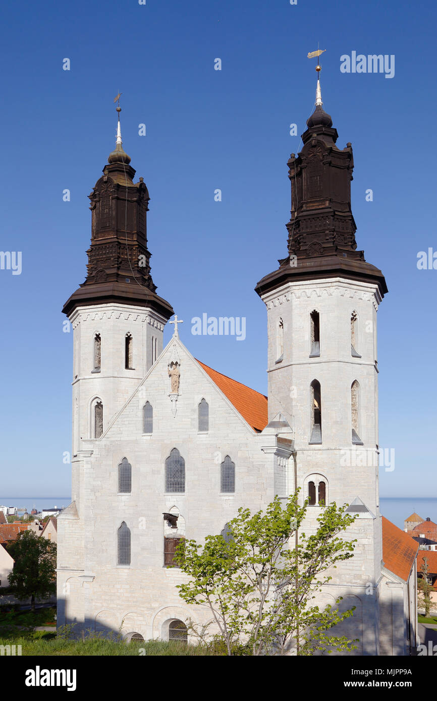 Fassade der Kathedrale aus dem Mittelalter in Visby auf der schwedischen Insel Gotland. Stockfoto