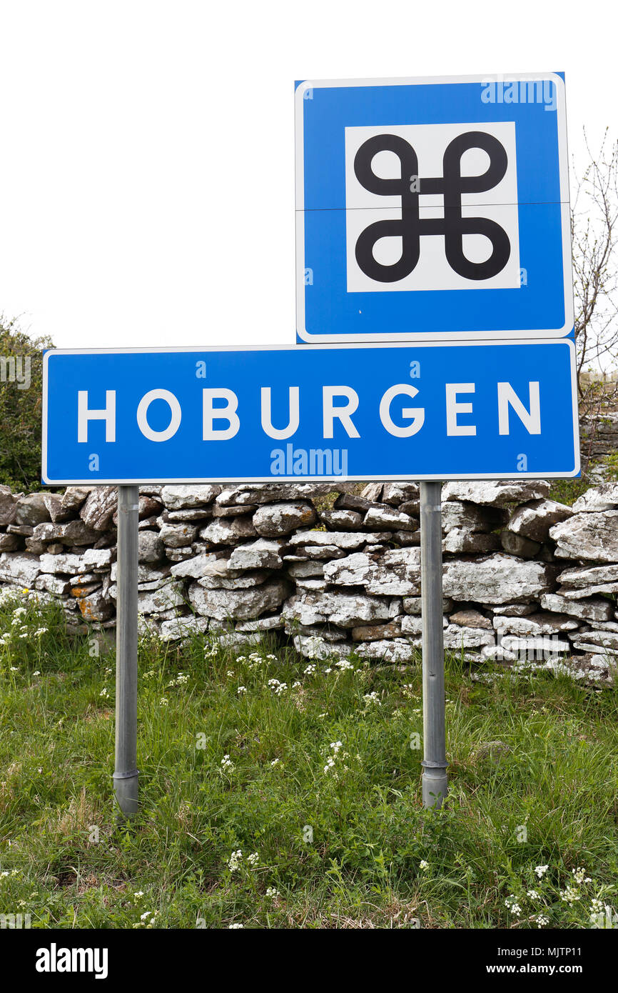 Schild an der geographischen Lage Hoburgen am südlichen Ende des Schwedischen ilandand Gotland. Stockfoto