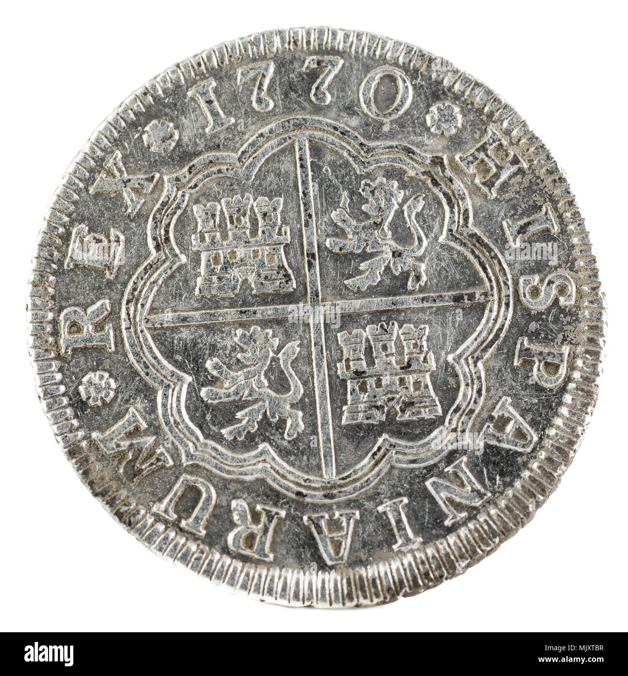 Alte spanische Silbermünze der König Carlos III. 1770. In Sevilla geprägt. 1 Real. Rückwärts. Stockfoto