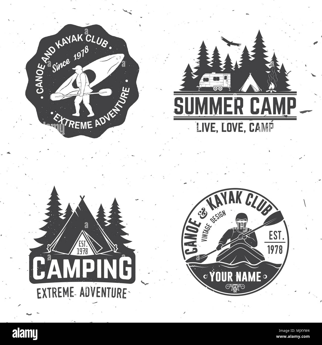 Einstellen der Kajak, Camping und Caravaning club Abzeichen. Vector Illustration. Konzept für T-Shirt, Druck, Stempel oder T-Stück. Vintage Typografie Design mit Berg Stock Vektor