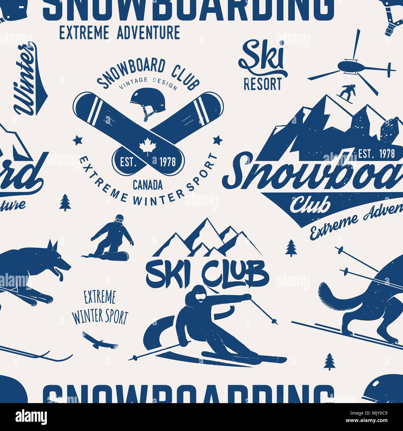 Ski- und Snowboard Club nahtlose Muster. Vector Illustration. Konzept für T-Shirt, Druck, Stempel, Abzeichen oder T-Stück. Vintage Typografie Design mit Snowboarde Stock Vektor