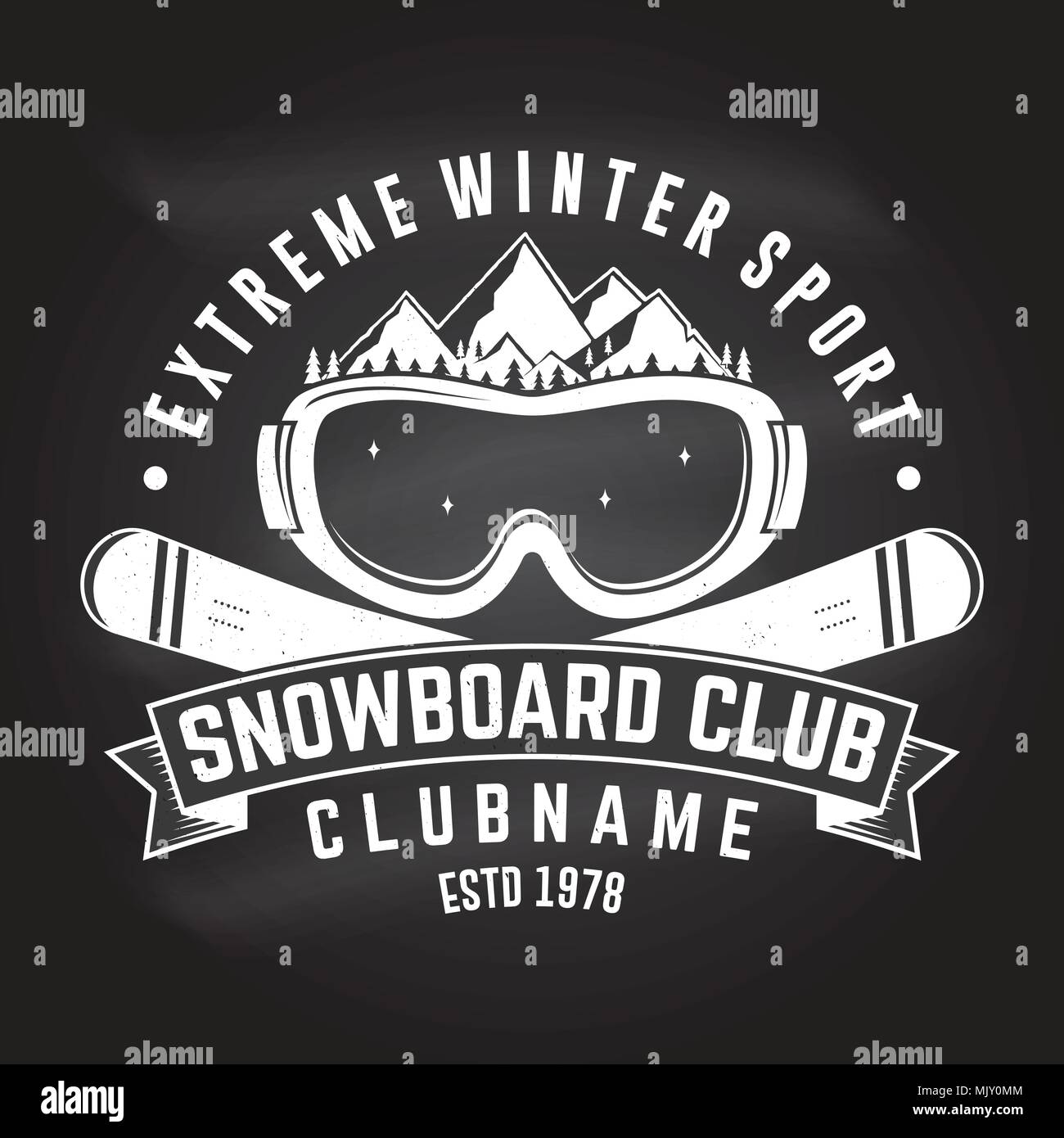 Snowboard Club. Vektor. Konzept für T-Shirt, Druck, Stempel oder T-Stück. Vintage Typografie Design mit Bergen und Snowboard goggles Silhouette. Extreme wi Stock Vektor