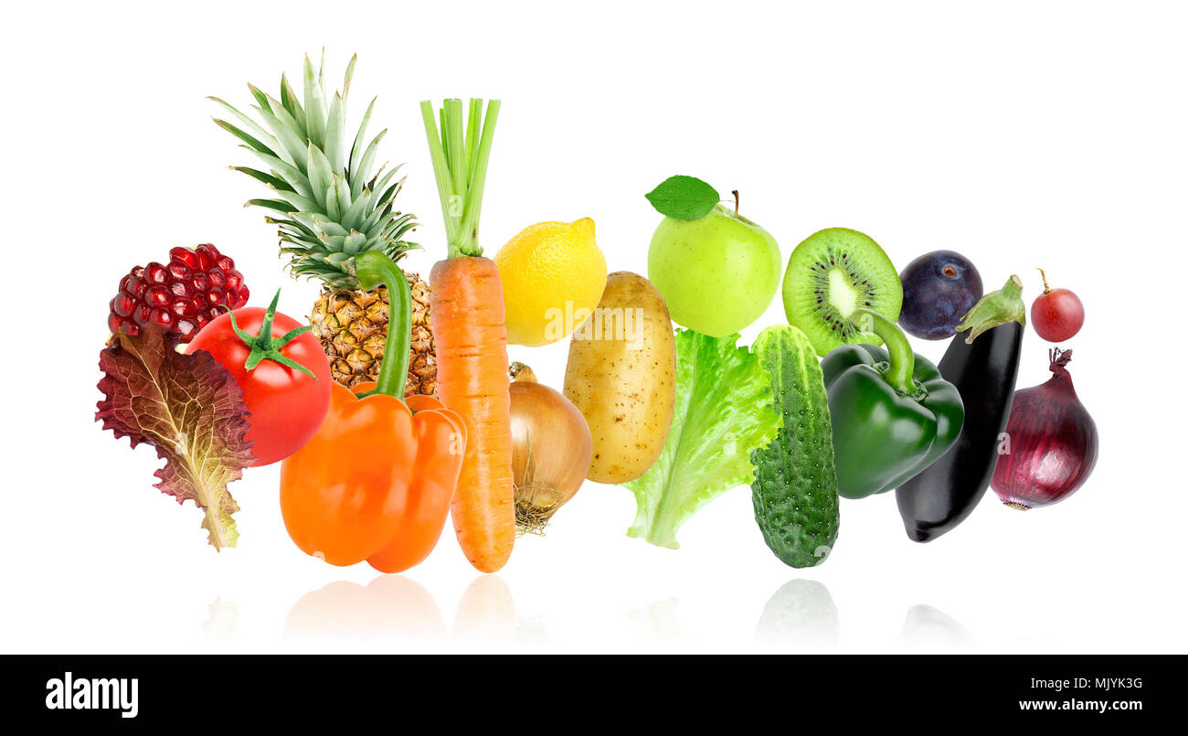Obst und Gemüse auf weißem Hintergrund. Gesunde Ernährung-Konzept Stockfoto