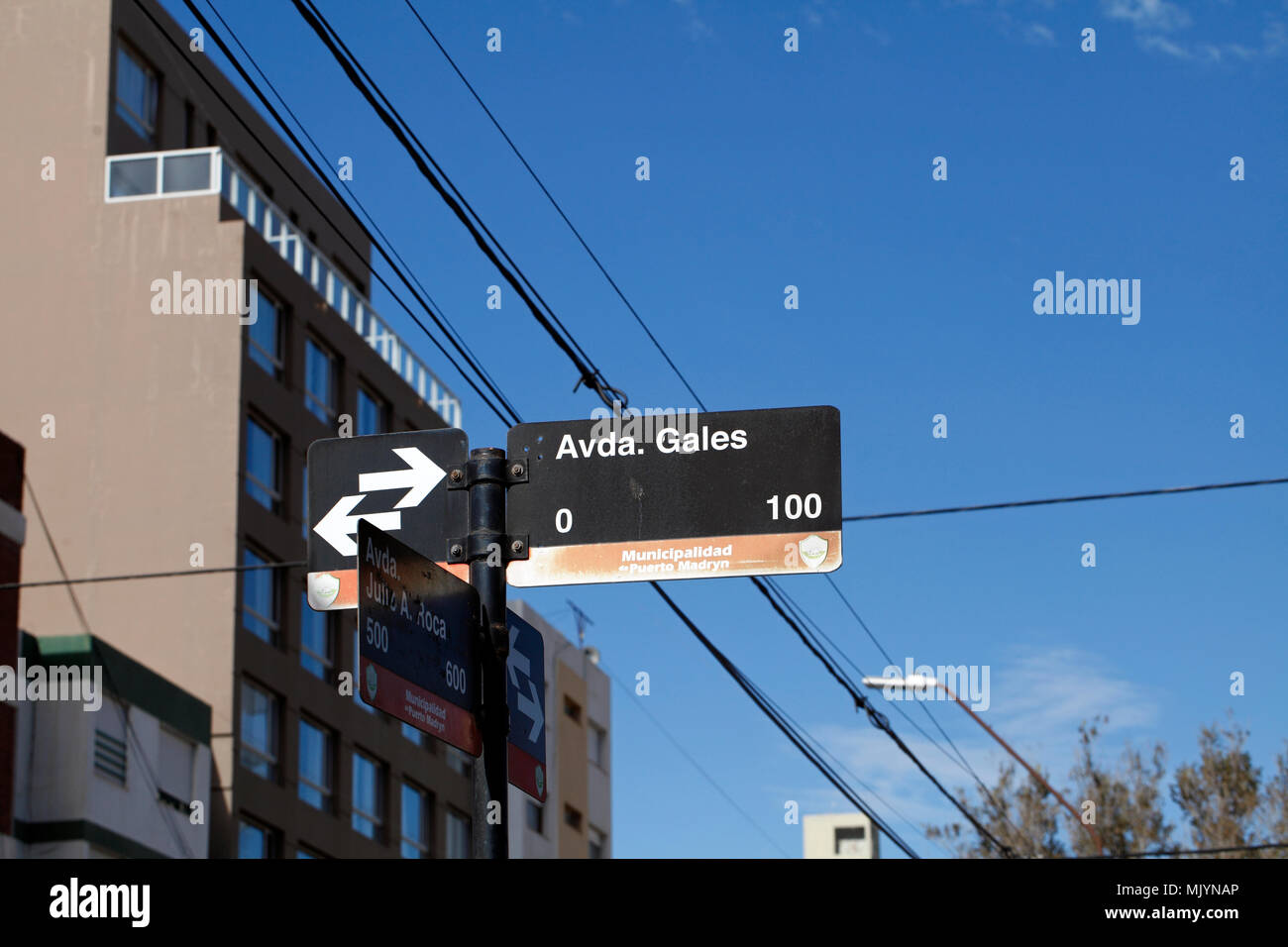 Avenida de Gales Zeichen, Puerto Madryn, Chubut Stockfoto