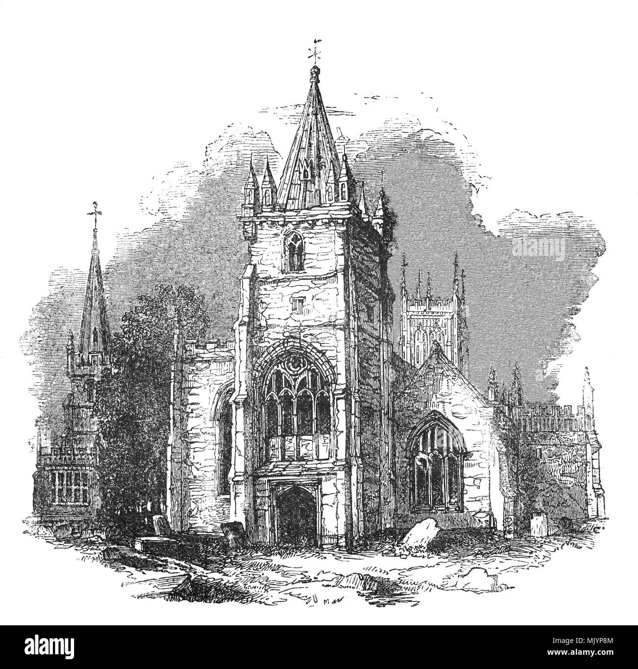 St Lawrence's Gothic Revival der Anglikanischen Kirche, in Evesham, Worcestershire, England, und seinem Nachbarn Allerheiligen wurden durch die Benediktiner von Evesham Abtei im 12. Jahrhundert erbaut. Die Kirche wurde deutlich über 1470 wieder aufgebaut, anstelle der früheren Kirche. aus dem Jahr 1659 Es hat seine eigenen Vikar zu haben, die Struktur der Kirche verschlechterte, und schon im Winter 1718 hatte es unbrauchbar werden. Das Dach stürzte in 1800 und die Kirche aufgegeben. Im frühen 19. Jahrhundert, Edward Rudge beauftragte den Architekten Harvey Eginton, der aus einem großen Umbau im Jahre 1836 durchgeführt - 37. Stockfoto