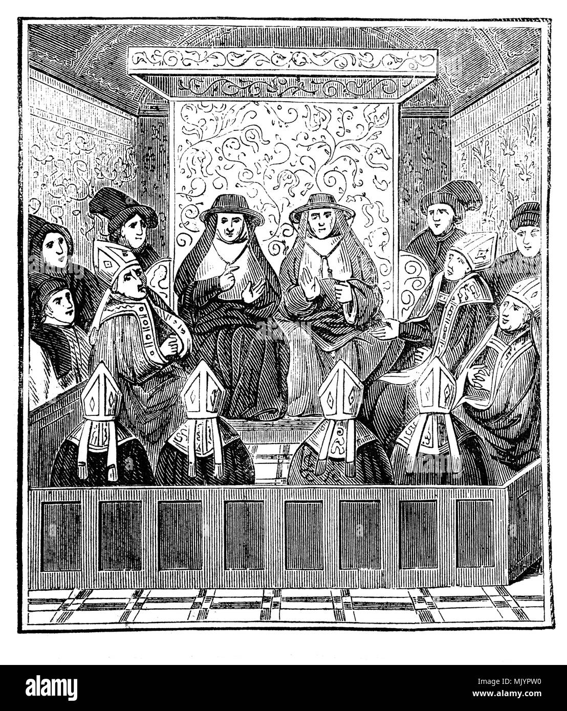 Die Zusammenkünfte von Canterbury und York wurden Versammlungen der Bischöfe und des Klerus, die auf die kirchlichen Reorganisation, die unter Erzbischof Theodor von Canterbury im 7. Jahrhundert durchgeführt. Nachdem 1295 ein repräsentatives Gremium des Klerus rief das Europäische Parlament, den Beginn einer neuen Phase im Kampf um die Krone auf dem Gegenstand der Besteuerung des Klerus geführt zu besuchen. 1296 Die Mitglieder der Versammlung beschlossen, sich in vier Gruppen: die Bischöfe, die monastische Vertreter, Würdenträger und proctors des Klerus, sondern der Kampf dauerte bis 1337. Stockfoto