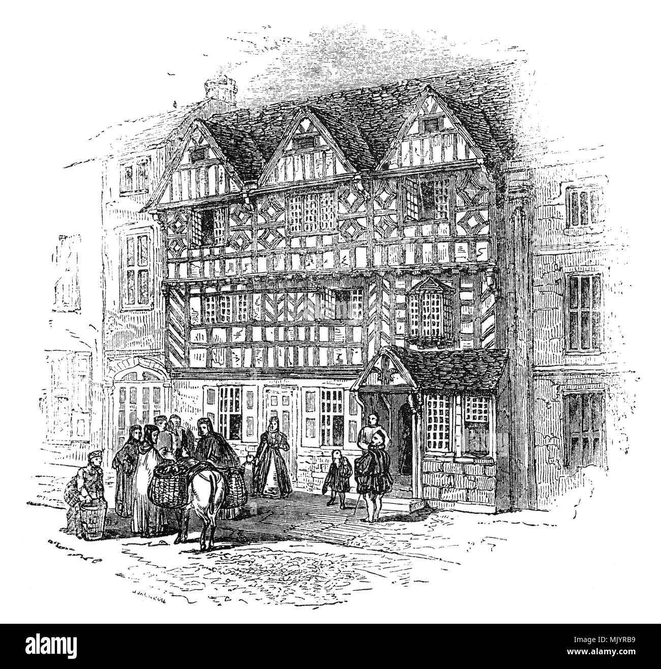 Alte Fachwerkhäuser in Warwick, Warwickshire, England, wo die mittelalterliche Straße viel durch die Linie der Stadtmauer beeinflusst wurde. Damals Warwick unter der Kontrolle von verschiedenen Grafen von Warwick blieb, meist der Beauchamp Familie. Viel von der mittelalterlichen Stadt war im Großen Brand von Warwick, die im Jahr 1694 aufgetreten ist zerstört. Die Folge davon ist, dass die meisten der Gebäude in der Innenstadt sind des späten 17. und frühen 18. Jahrhunderts Ursprungs, obwohl die Zahl der Älteren mittelalterlichen Holz gerahmte Gebäude überleben, vor allem um die Ränder der Innenstadt. Stockfoto