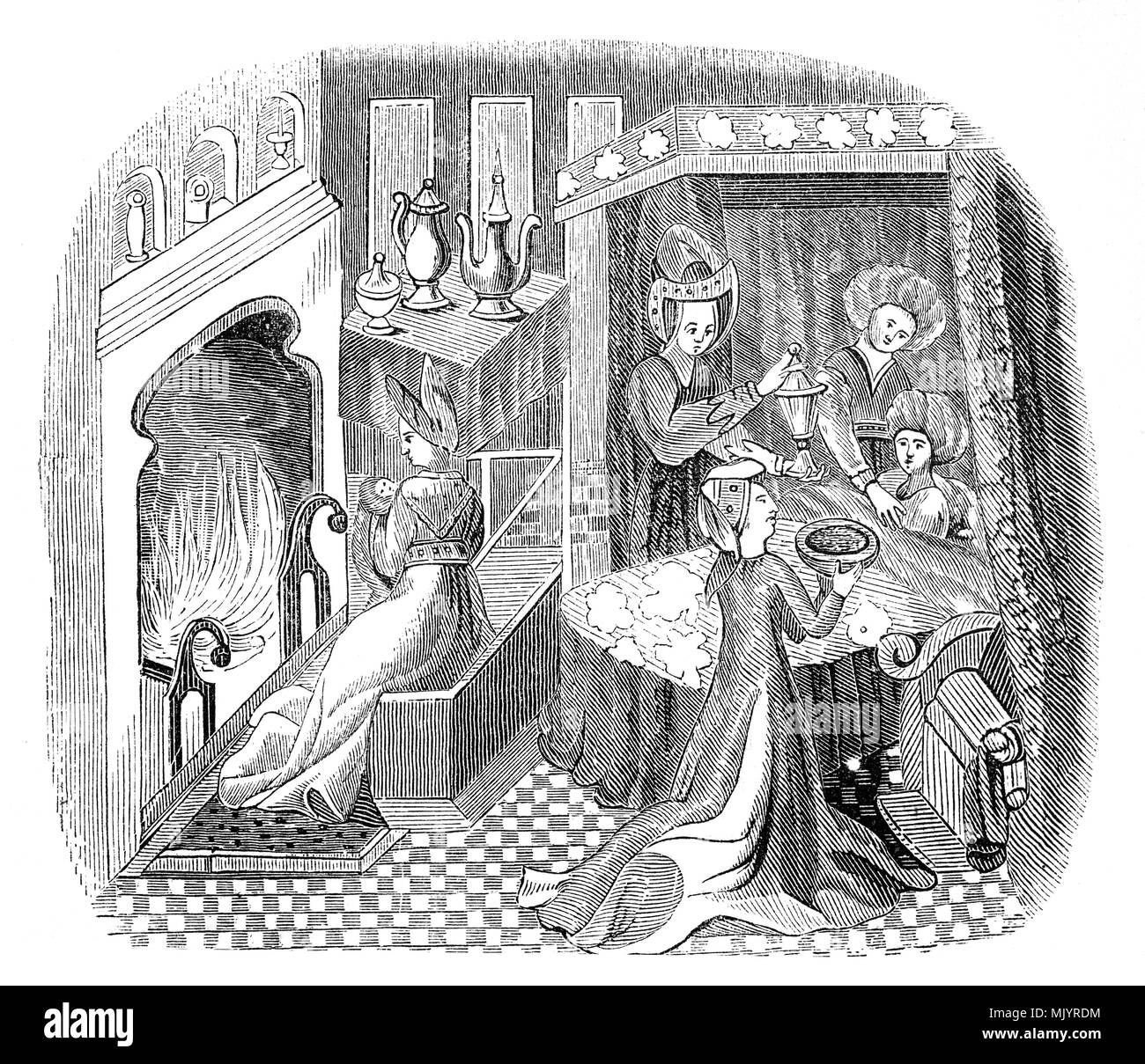 15. - 16. Jahrhundert Schlafzimmer, in dem das Bett war eine Gelegenheit, aus-Status zu zeigen. Wahrscheinlich, die zu einer wohlhabenden Familie, große, eindrucksvolle, oft mit Gold und Juwelen und kunstvoll geschnitzten, Betten erweitert weit über eine einfache Plattform während des Mittelalters. In der Regel von schweren Holz, die Betten der Reichen waren hoch angehoben, manchmal so hoch, dass ein stepstool erforderlich war, um sie zu erreichen. Beachten Sie die vielen Damen im Warten und die Krankenschwester mit einem Kind, möglicherweise nach der Entbindung. Stockfoto