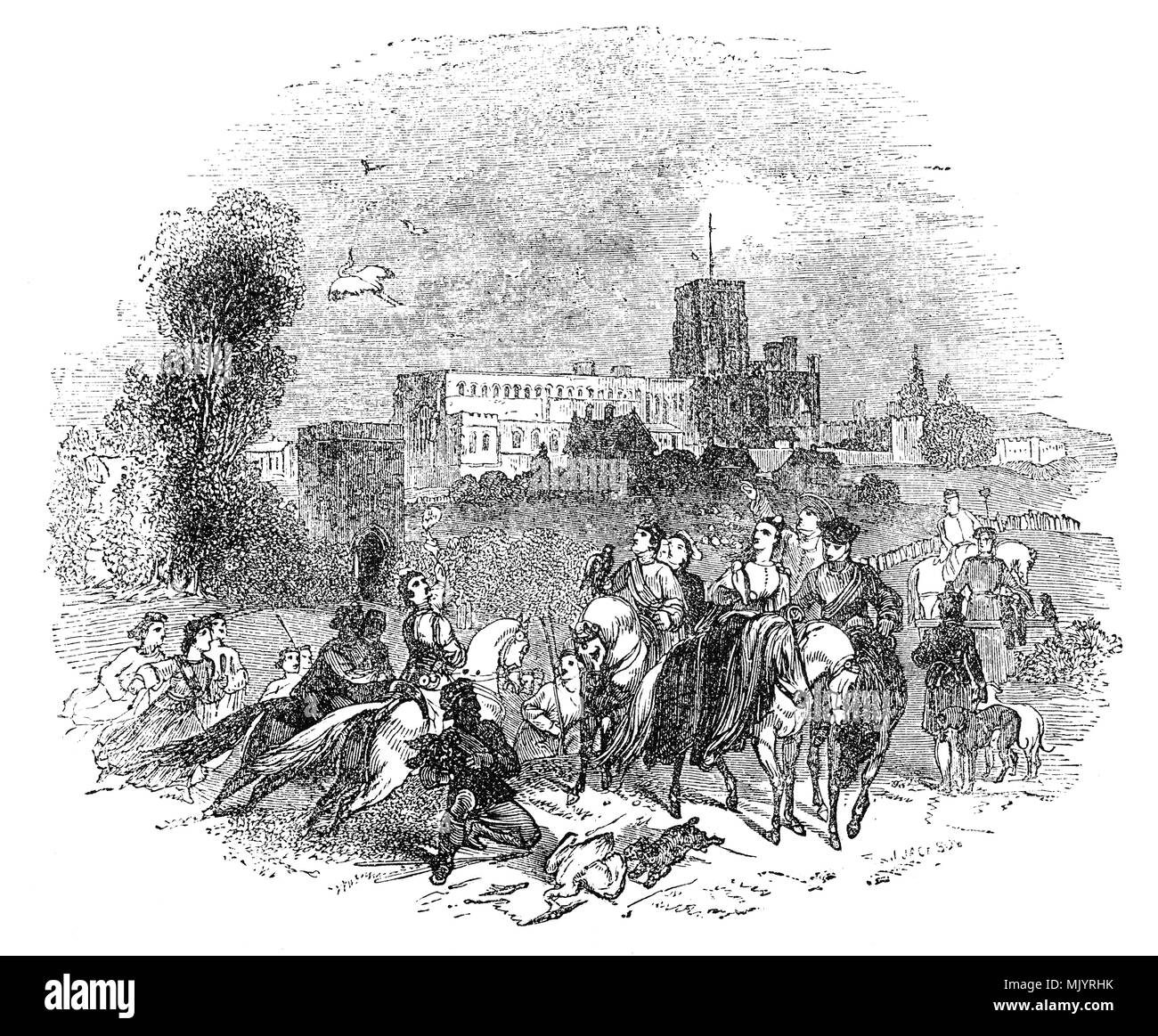 Eine mittelalterliche Hawking und Jagd Szene in St. Albans, Hertfordshire. Sie waren Lieblingsbeschäftigungen für das Mittelalterliche obere Klassen einschließlich der Edlen von England und der englischen Könige. Es war, da der Sport der Könige bezeichnet, weil der unteren Klasse mittelalterlichen Menschen wie Bauern und Leibeigenen nicht leicht sich leisten könnte, um die Vögel zu trainieren. Falknerei bot Gelegenheit für Könige, Fürsten und Adligen grand Jagdgesellschaften zu bewirten. Falken waren die populärste Wahl für die Jagd auf Vögel Stockfoto