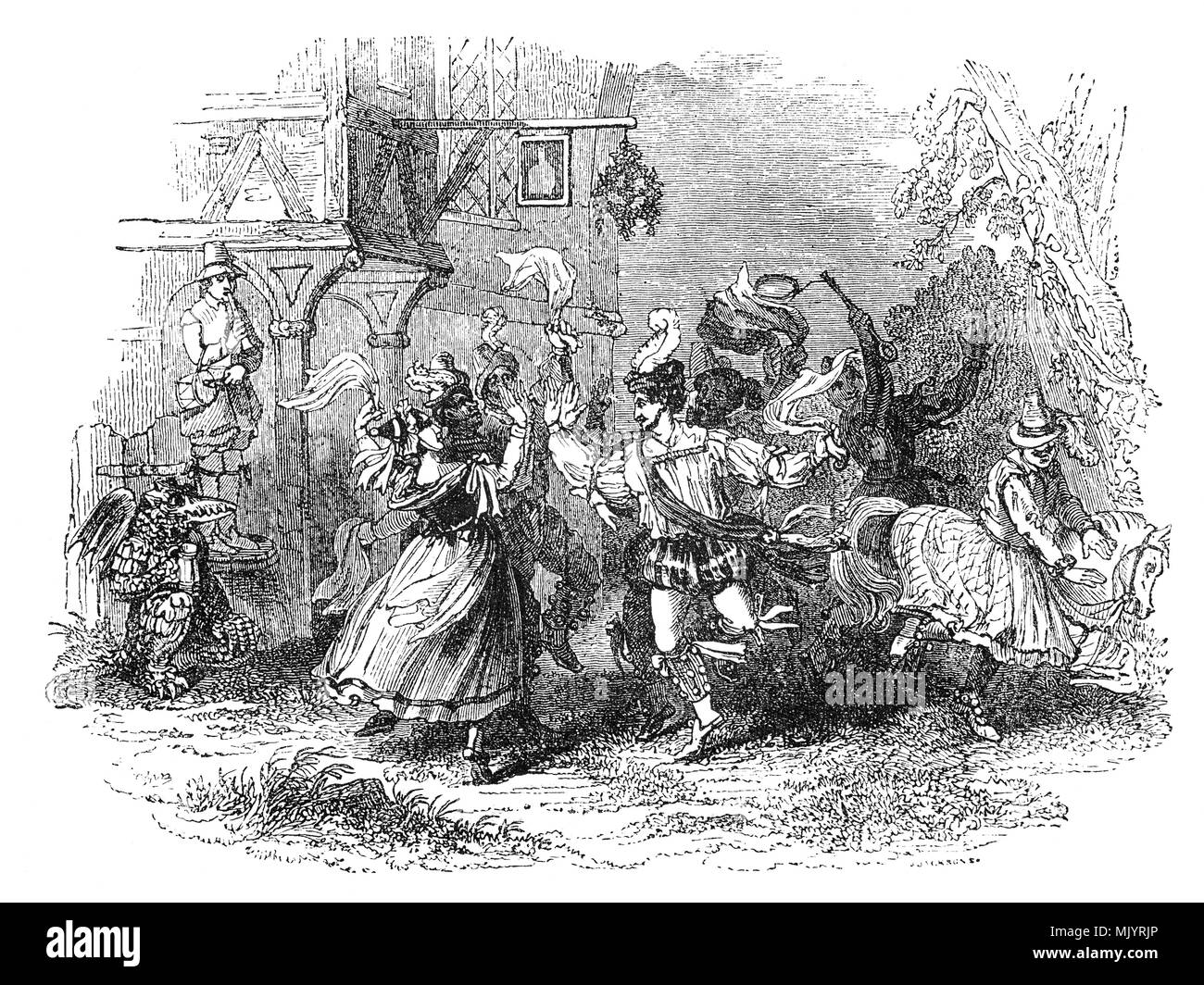 15./16. Jahrhundert Morris Dancers außerhalb eines Wirtshaus feiern den Frühling Festival der Whitsunday (Pfingsten). Morris Dance ist eine Form des Englischen Volkstanz in der Regel mit Musik begleitet. Es ist auf rhythmische Intensivierung und die Ausführung von Choreografierten Abbildungen, die durch eine Gruppe von Tänzern, die in der Regel tragende Bell Pads auf ihre Schienbeine. Anbaugeräte wie Stöcke, Schwerter und Taschentücher kann auch durch die Tänzer ausgeübt werden. In einer kleinen Anzahl von Tänze für ein oder zwei Personen, die Schritte sind in der Nähe und über ein paar Clay tobacco pipes und einer über den anderen auf den Boden. Stockfoto