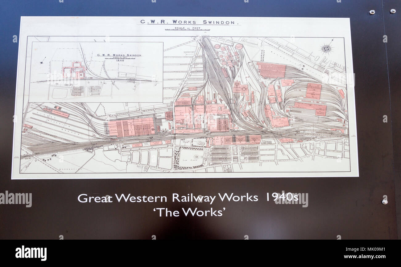 Öffentliche Anzeige von alten historischen Bildern über die Gwr arbeitet, Swindon, Wiltshire, England, UK Great Western Railway Works Karte 1940 s Stockfoto