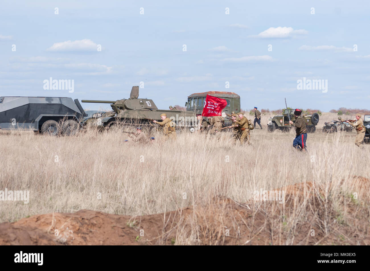 2018-04-30 Die Samara, Russland. Die Offensive der sowjetischen Truppen unter der Leitung des Kommandanten. Wiederaufbau der militärischen Operationen. Stockfoto